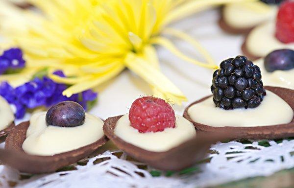 Chocolate Edible Spoons with Bavarian Crème and Berries