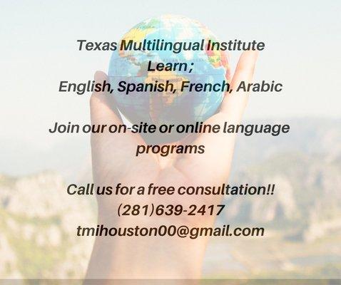 School, Language Programs, English, Spanish, French, Arabic.