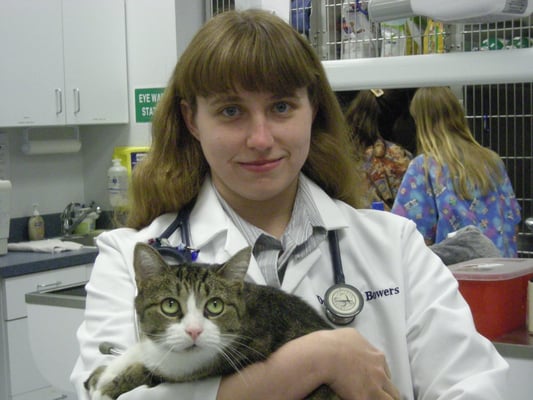 Dr. Bowers and feline friend.