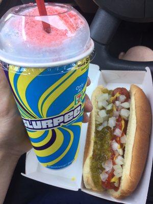 50/50 red n blue slurpee with hot dog