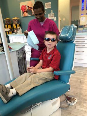 My son before his teeth cleaning begins.