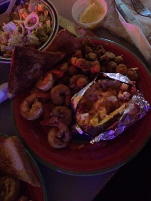 Blackened shrimp, loaded baked potato & fried okra