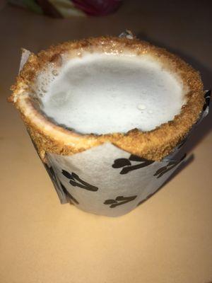 Steamed almond vanilla milk in a cookie butter cup