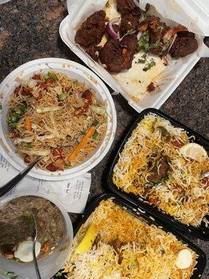 Gongura chicken biriyani, mutton dum biriyani , Haleem (in the small tub), street style chicken fried rice and Ragugari shrimp fry (burned)