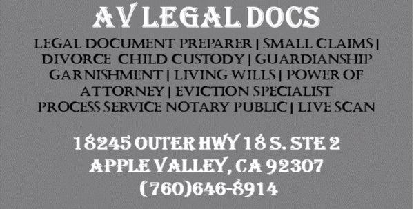 AV Legal Docs is open for you Legal needs. Give us a call (760)646-8914