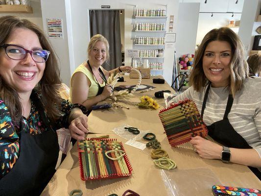 Friends showing off our Potholders and wreath.