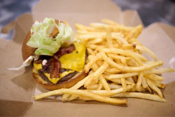 Double patty, bacon, lettuce, and a small fry. I love how crispy their fries are.