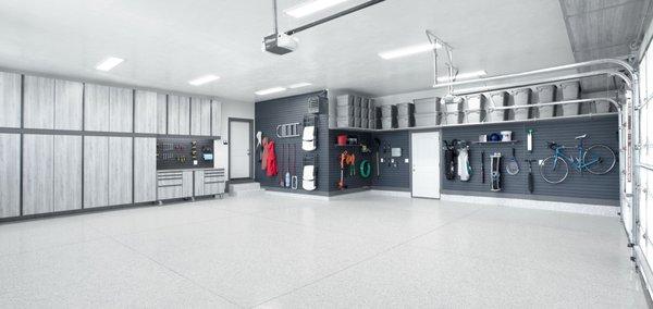 Awesome garage storage! Cabinets and slatwall are a great combo.