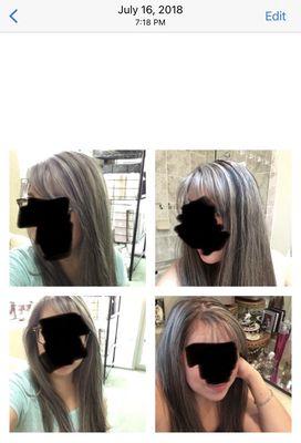 Was supposed to be blonde with low lights! It came out grey! Trying to show the differences with my bad bathroom lighting