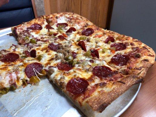 Sicilian all meat pizza add jalapeños