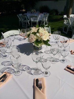 Centerpiece with peonies, roses and hydrangeas.