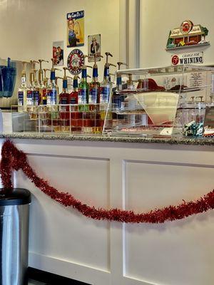 Syrups and cookies on the counter