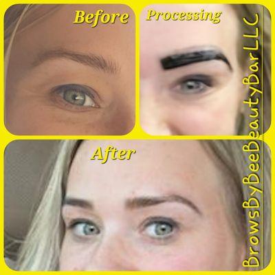 Before, Processing, and After Photos of an Eyebrow Threading client that also got Eyebrow Tint.