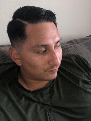 Gilbert Barbershop. Combover- low fade (0), light trim at the top