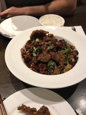 Crispy lamb filets with chili and cumin