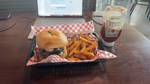 Black & BlackN' Blue Burger and fries