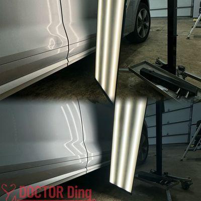 Before and after Audi door paintless dent repair.