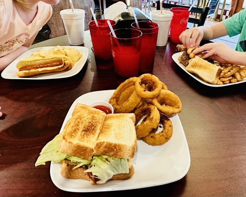 Fried green tomato sandwich, cheeseburger, chocolate shakes & hotdog.