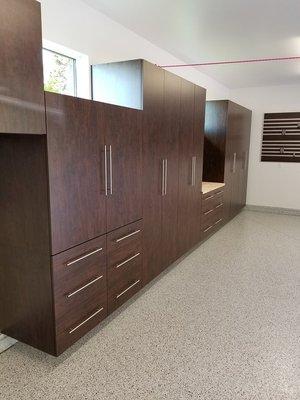 Garage Experts customer cabinets, slatewall and Garage FX Epoxy flooring system in Fresno, CA.