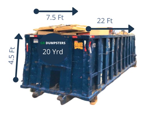 20 yards roll off Dumpster
 4 tons 6,000 to 8,000 weight limit
 
 20 cubic yard dumpster up to 8,000 pounds of weight