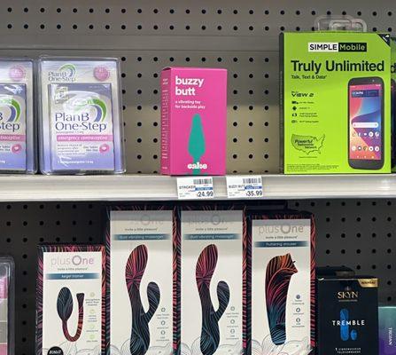 This is what CVS thinks is appropriate, on display right behind the counter for every customer to see.  Butt plugs and Vibrators.