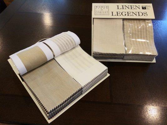 The Linen Legends Book. Displays 120 options to choose from. Available for purchase. Request yours at info@worldlinen.com