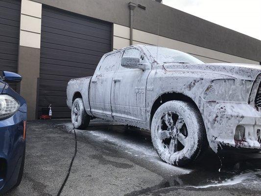 Foam wash, claybar and six month sealant protection for this Dodge Ram!