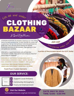 Clothing Bazaar - Saturday, May 18th, 2024 from Noon - 4:00 pm. All items $20 and under. Location: 8065 Carlton Street, Norfolk, VA 23518.