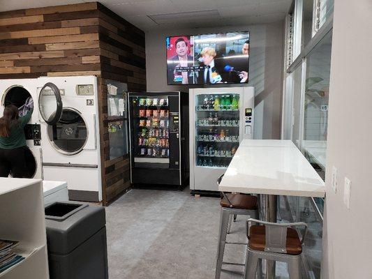 Vending machines and large flat screen TV with cable