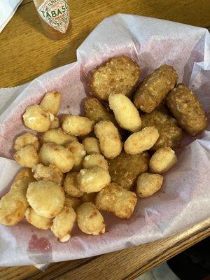 Cheese curds and broccoli cheddar bites