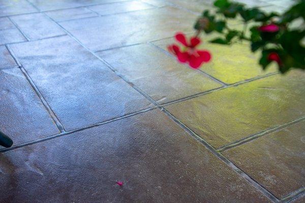 Concrete patio created with textured stamps.