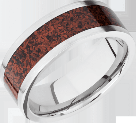 One-of-a-kind band featuring a mosaic inlay of red Dinosaur bone.