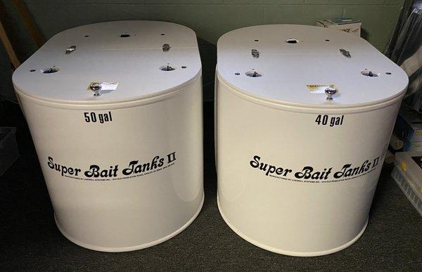 We stock Superbait Tanks II 
 30 gallon, 35, 40, and 50 gallon bait tanks