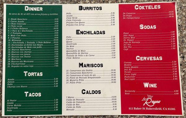 Los Reyes menu