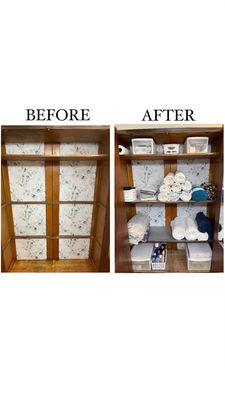 My dad's armoire refreshed with wallpaper and repurposed for linens. One of MANY projects!