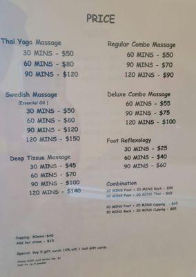 Prices on the front desk