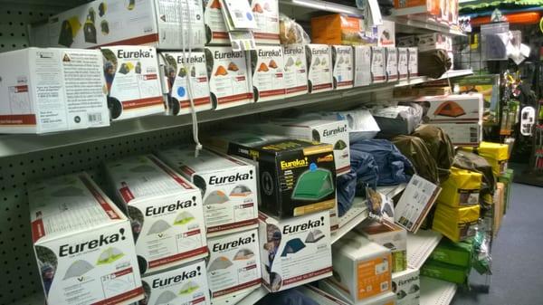 Large selection of tents and sleeping pads.