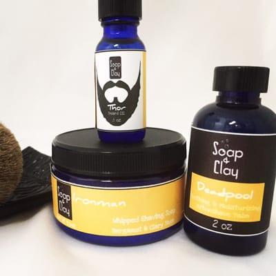 Soap & Clay men's grooming line. Beard oils, shave soaps, aftershave balms, and beard balms. Because men have faces too.