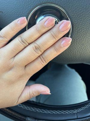 Aura/blushing nails. Nude base with pink center.