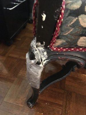 Chair leg - "repaired" by the moving company before delivering.