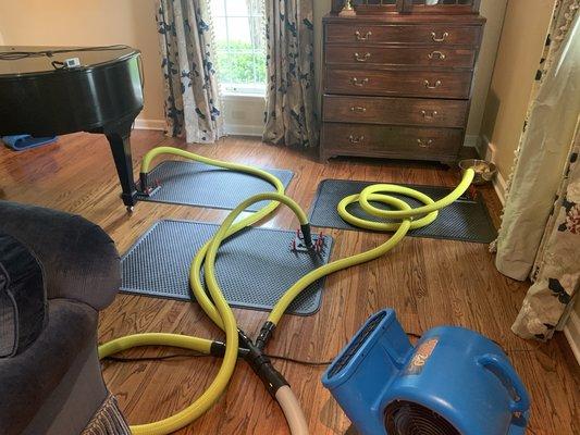 Drying hardwood floors.