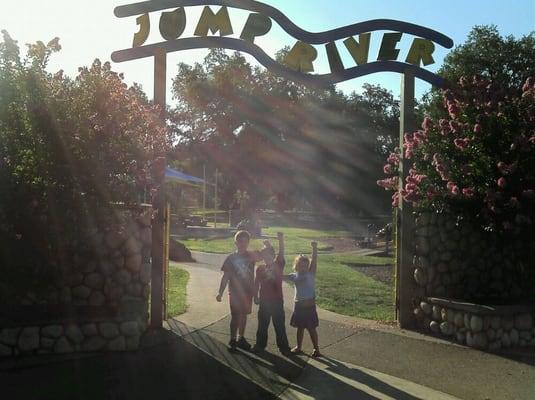 My kids at the front of the river jump park.