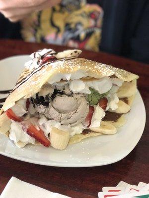 Cookies and cream and green tea ice cream, strawberry and banana nutella crepe