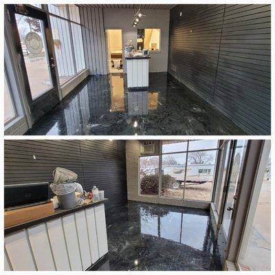 This 1954 gas station retail front floor went from dusty, dingy carpet squares to an Epoxy and Polyaspartic floor system