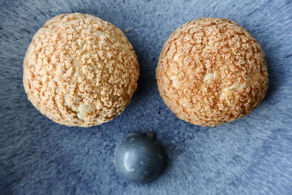 Large Black Sesame and Matcha Cream Puffs ($4 each), Black Sesame Bonbon ($2)