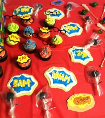 Cookies, cupcakes, and "bomb" cake pops for our son's superhero birthday