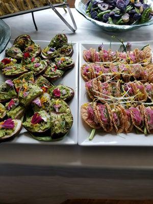 Avocado toast and salmon and cream cheese tacos with pickled red onion