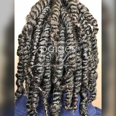 Individual two strand twists on natural hair.