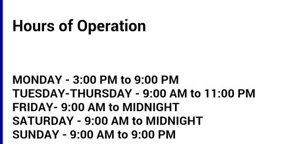 Hours of operation according to website.