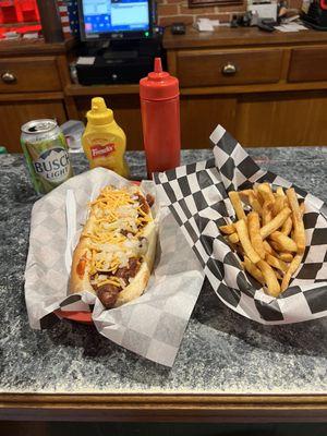 Chili dog amd fries.